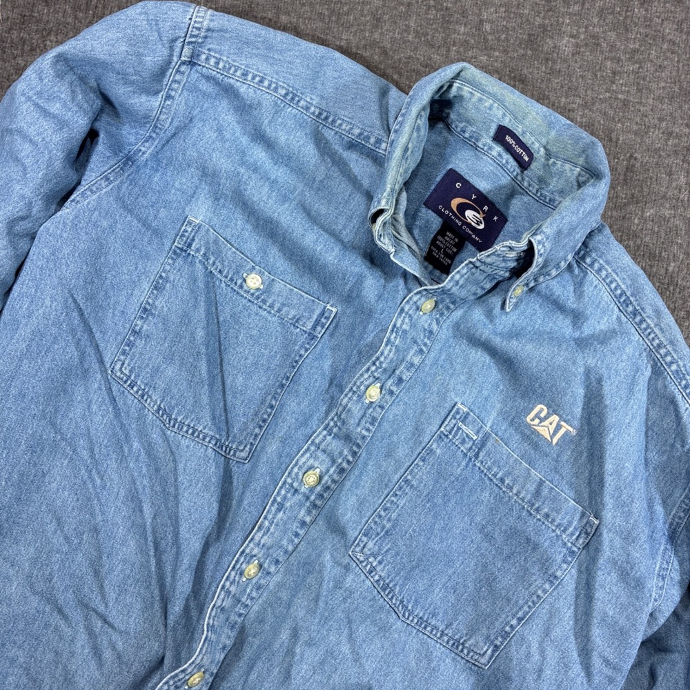 Caterpillar CAT Denim Shirt Mens Large Blue Long Sleeve Button Down Workwear